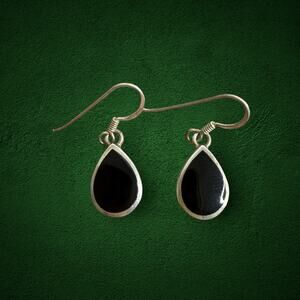 Vintage 925 Sterling Silver Black Onyx Teardrop Dangle Earrings
